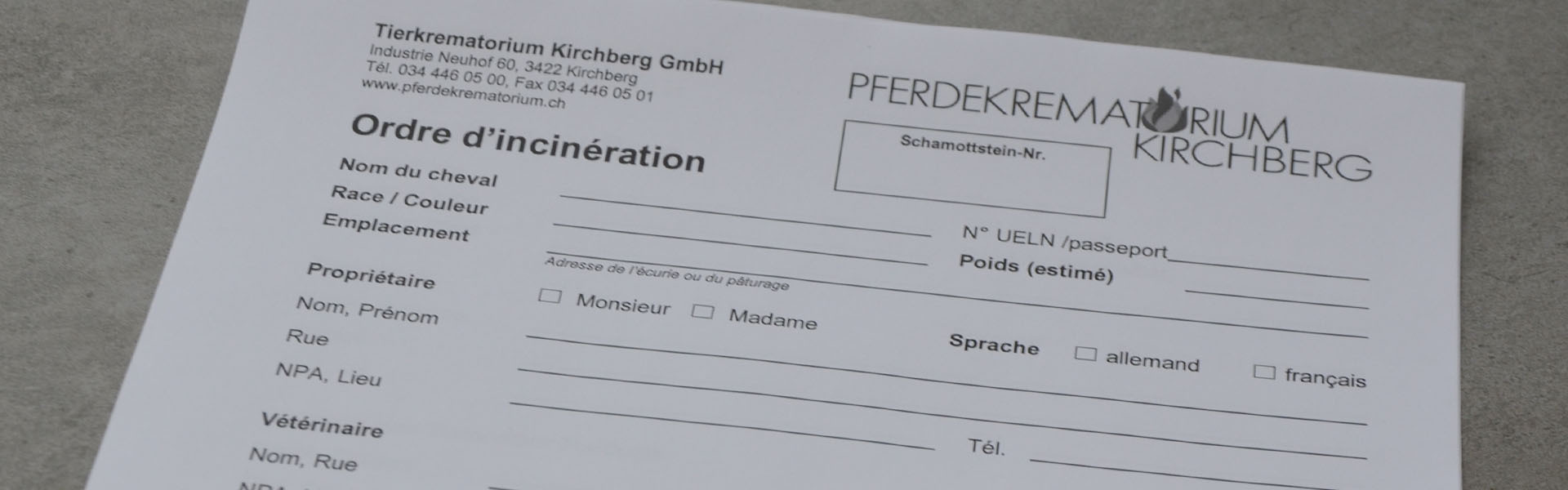 Crématoire pour chevaux Kirchberg - Ordre d'incinération - Pferdekrematorium Kirchberg